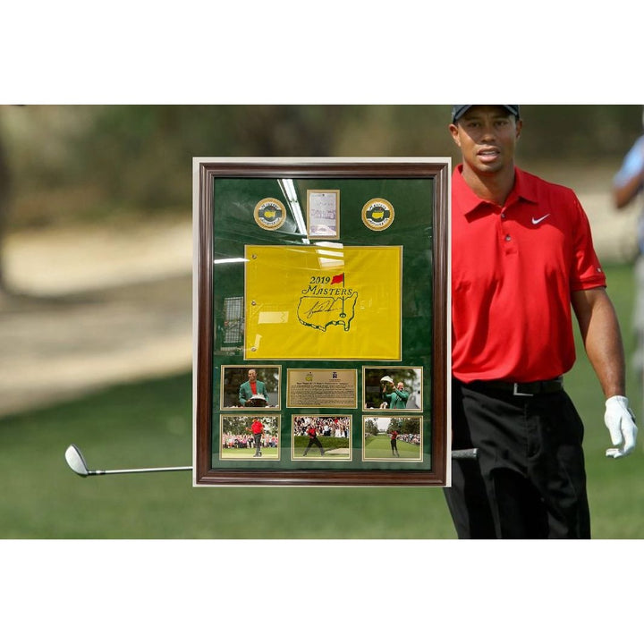 Tiger Woods 2019 Masters golf pin flag signed and framed with proof