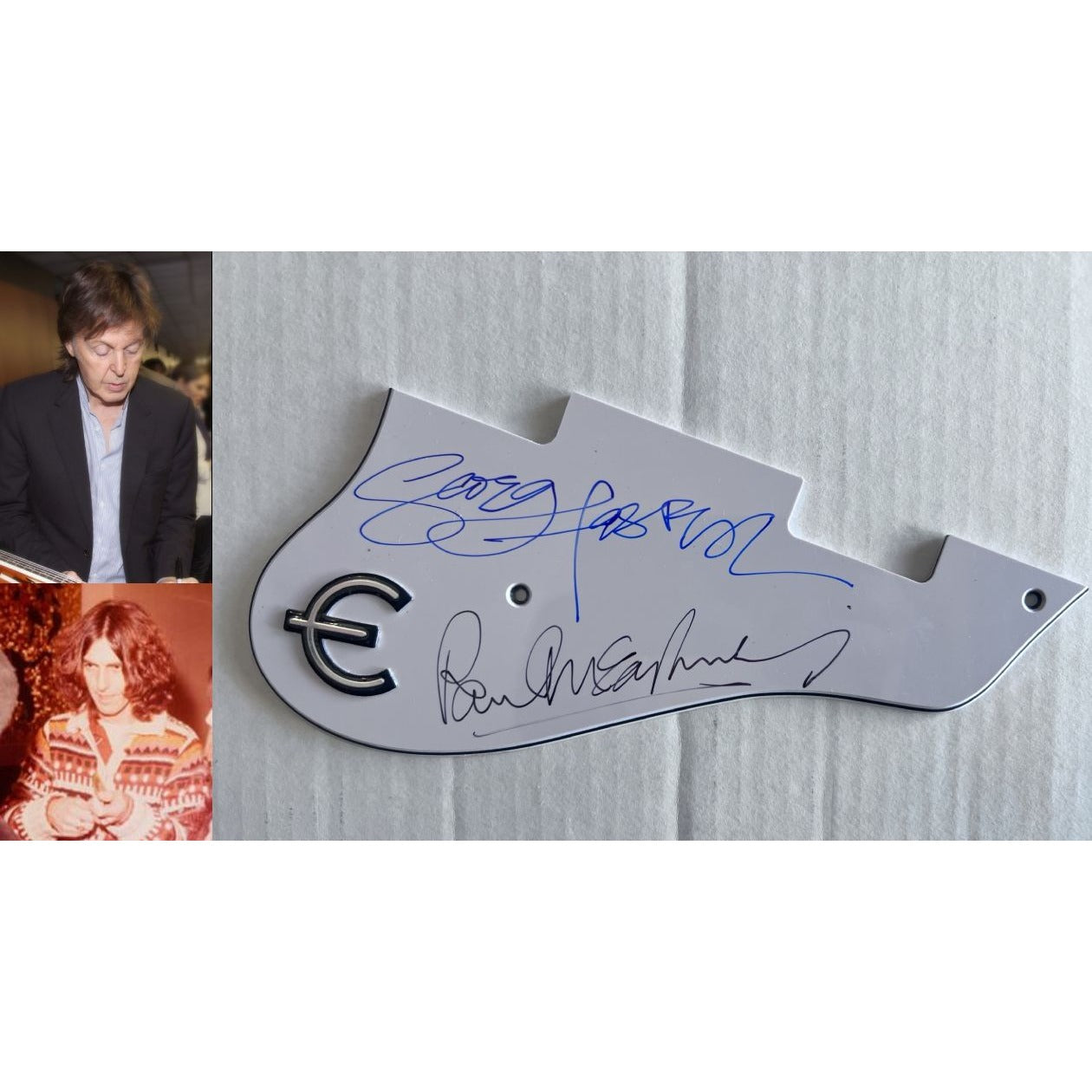 Paul McCartney and George Harrison Epiphone electric guitar The Beatles pick guard signed with proof