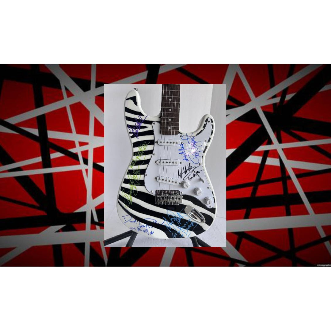 Eddie Van Halen Ted Nugent David Lee Roth Sammy Hagar Michel Anthony Alex Van Halen zebra full size electric guitar signed with proof