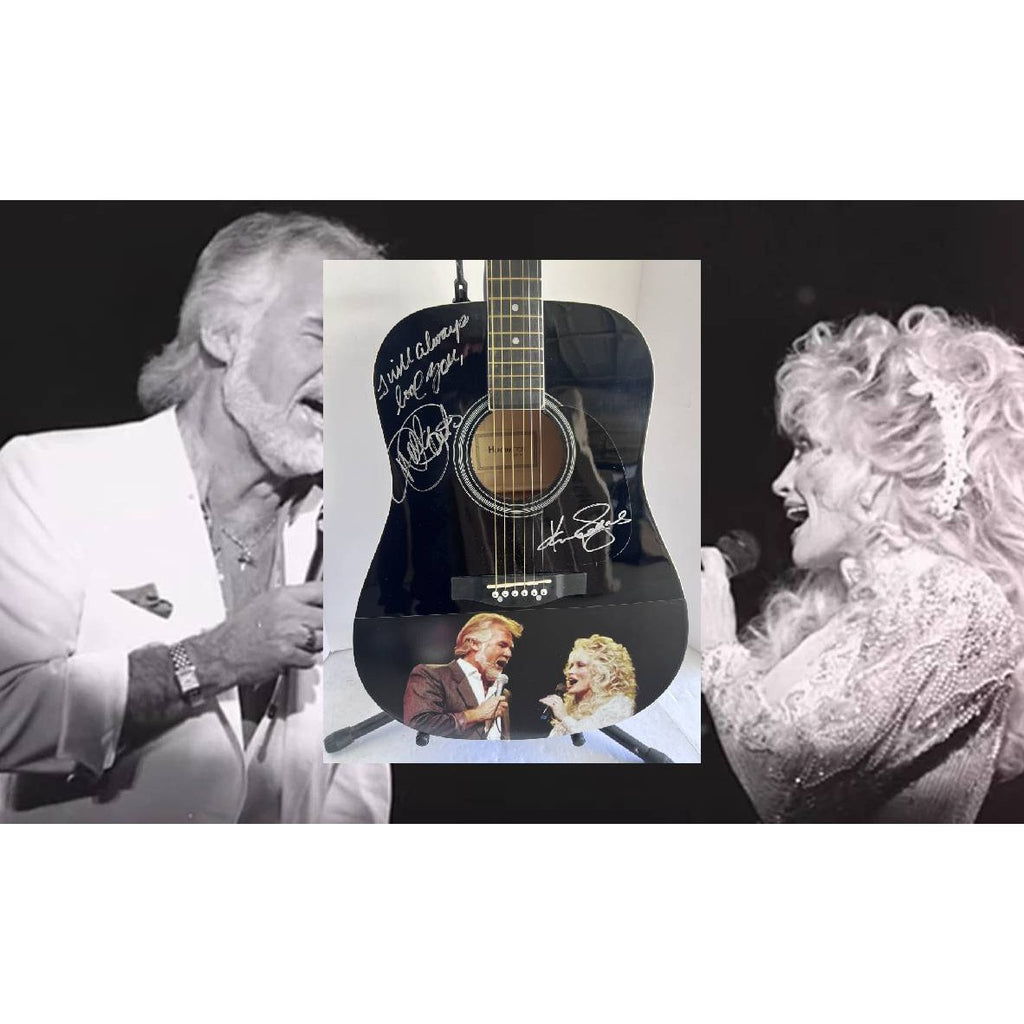Dolly Parton and Kenny Rogers  one of a kind full size acoustic guitar signed and inscribed "I will always Love You" with photo proof
