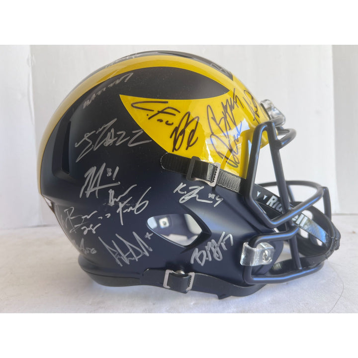 University of Michigan Jim Harbaugh ,J.J. McCarthy, Blake Corum, 2023-24 National Campions NCAA Football division 1 Riddel Replica full size