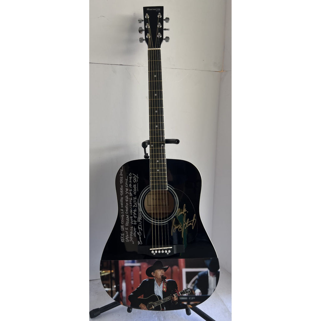 George Strait & Bob DiPiero signed full size acoustic guitar with lyrics "Out of the Blue Clear Sky"