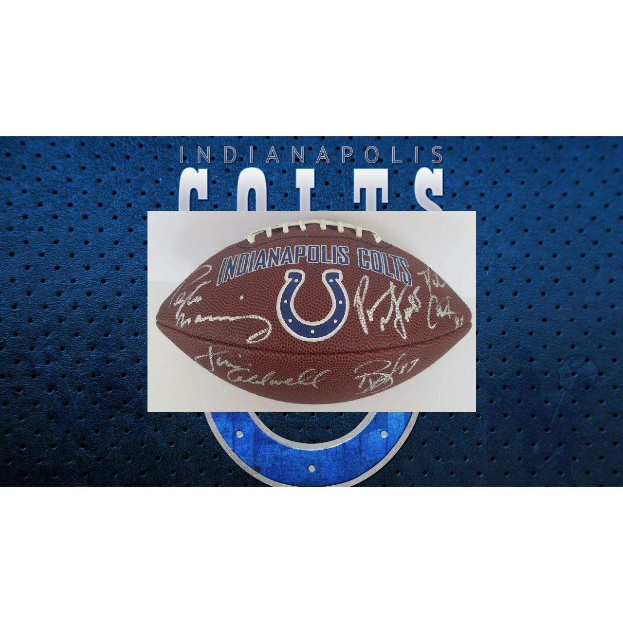 Peyton Manning, Dallas Clark, Jim Caldwell, Reggie Wayne, Pierre Garcon Indianapolis Colts synthetic leather football signed with proof