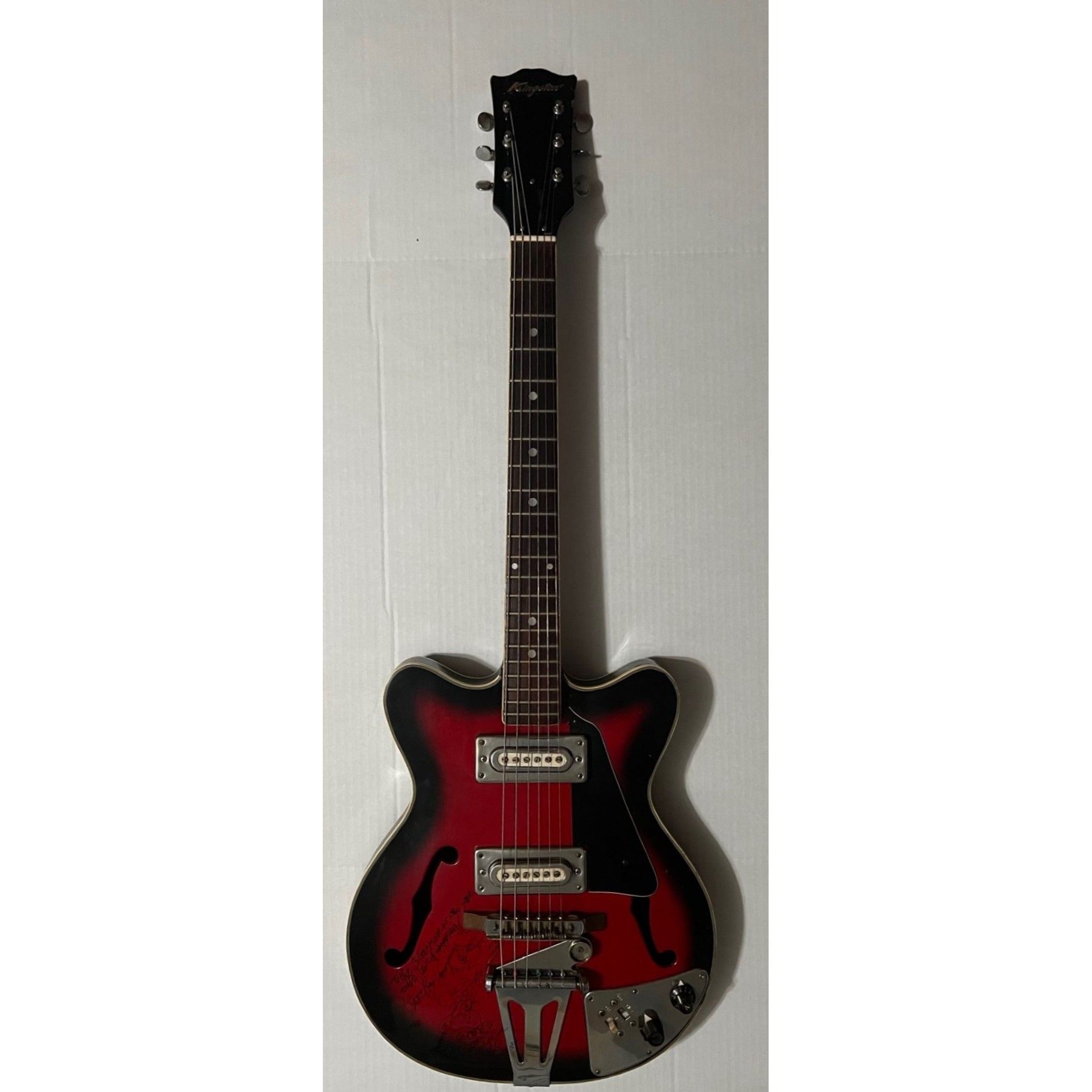 Stevie Ray Vaughan hollow body electric guitar signed with Sketch and inscription