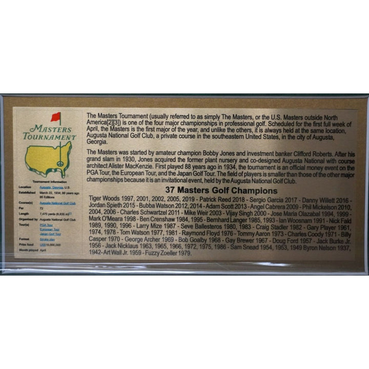 Tiger Woods, Jack Nicklaus, Sam Snead Masters champion signed golf flag with proof.