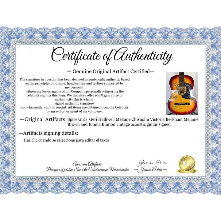 Spice Girls  Geri Halliwell Melanie Chisholm Victoria Beckham Melanie Brown and Emma Bunton vintage acoustic guitar signed with proof