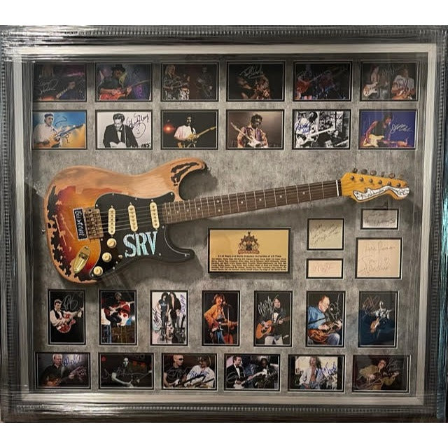 Guitarist Legends 33 signed Stevie Ray Vaughan Jimi Hendrix Chuck Berry Jimmy Page Eric Clapton 48x42 framed and signed.