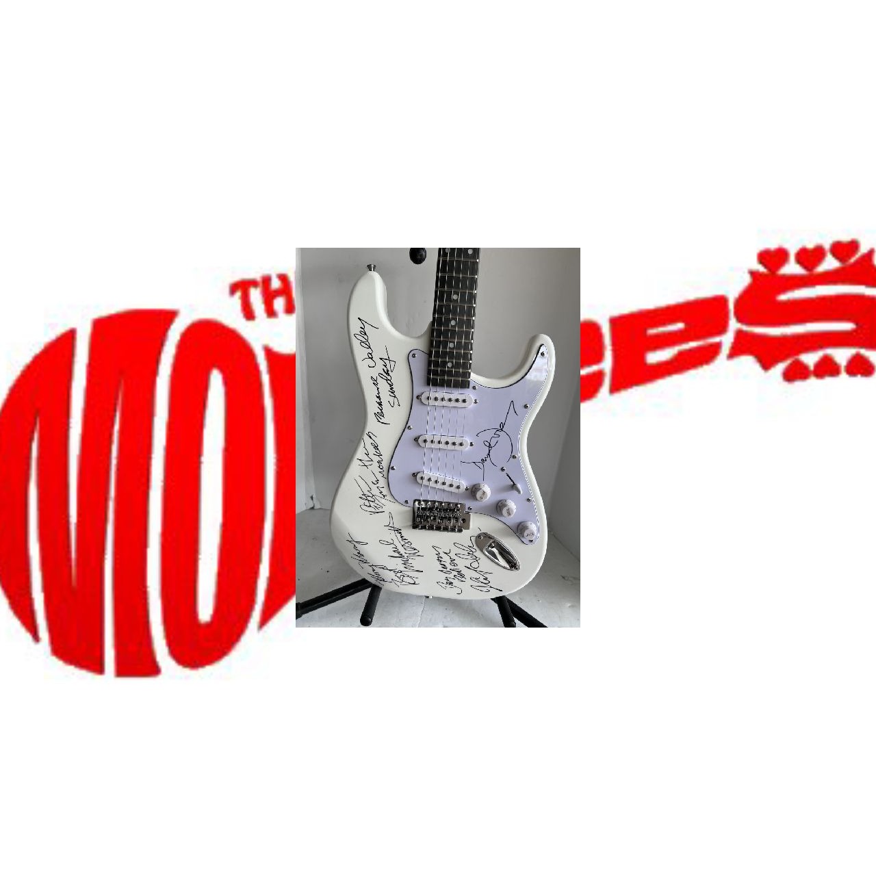 The Monkees Michael Nesmith, Peter Tork, Micky Dolenz, and Davey Jones full size Stratocaster electric guitar signed with proof