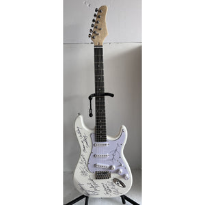 The Monkees Michael Nesmith, Peter Tork, Micky Dolenz, and Davey Jones full size Stratocaster electric guitar signed with proof