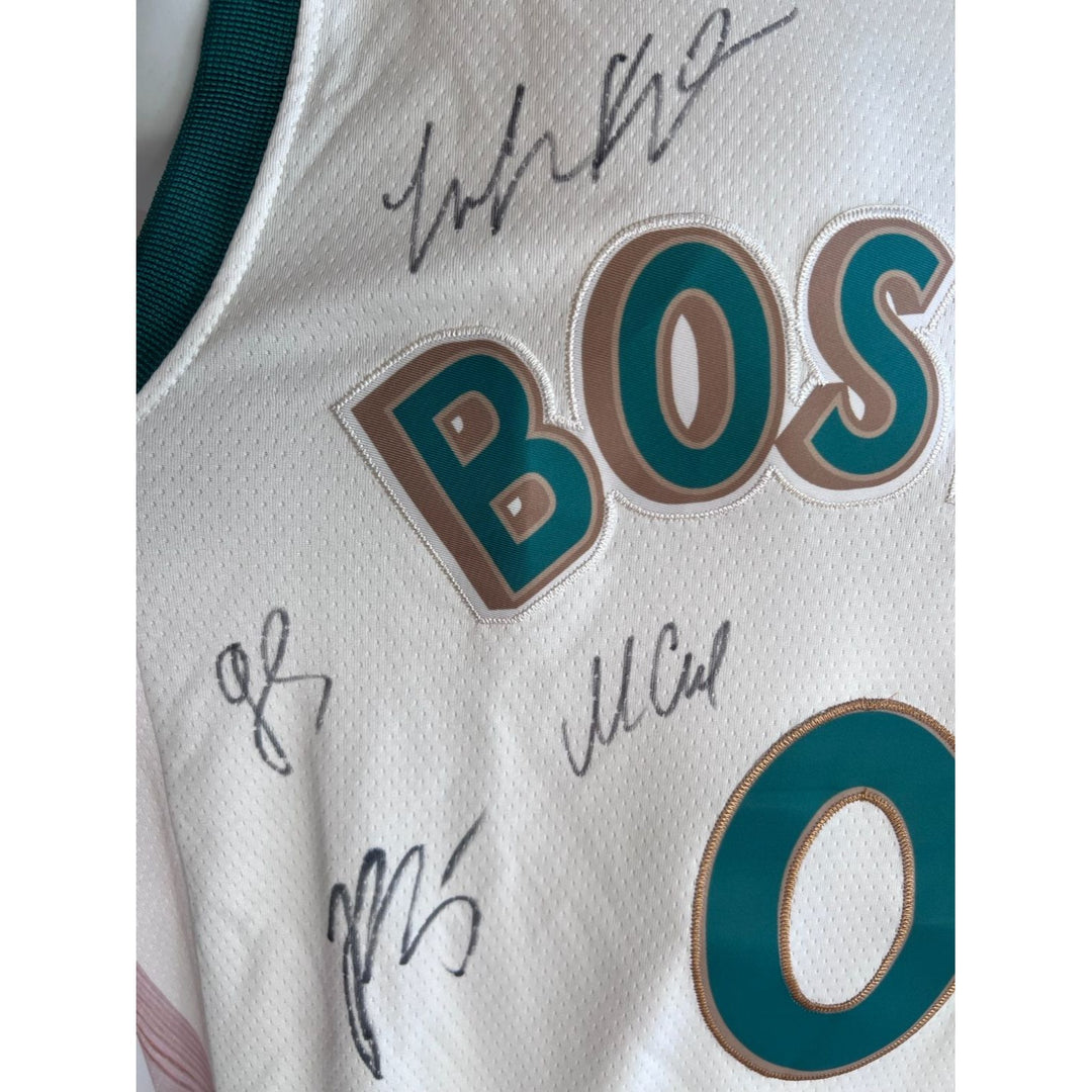 Boston Celtics 2023-24 Jayson Tatum Jrue Holiday Jaylen Brown Kristaps Porzingis complete team nike jersey signed with proof