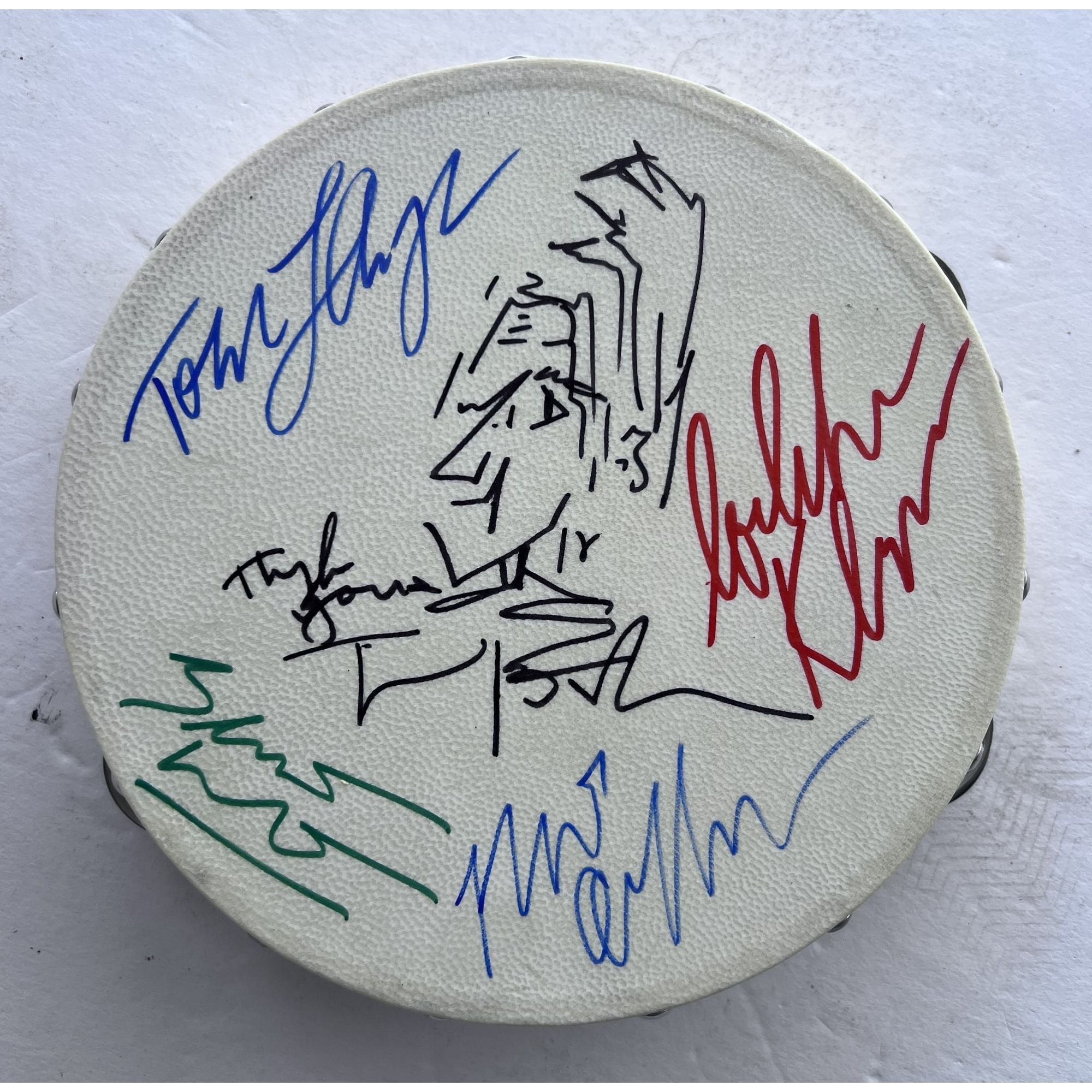 Belmont Trench Ron Blair Mike Campbell Tom Petty signed with Sketch and the Heartbreakers 10 inch tambourine with signing proof