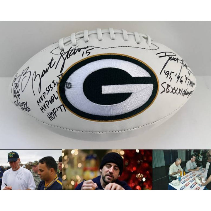 Bart Starr Aaron Rodgers Brett Favre Green Bay Packers full size football signed with proof