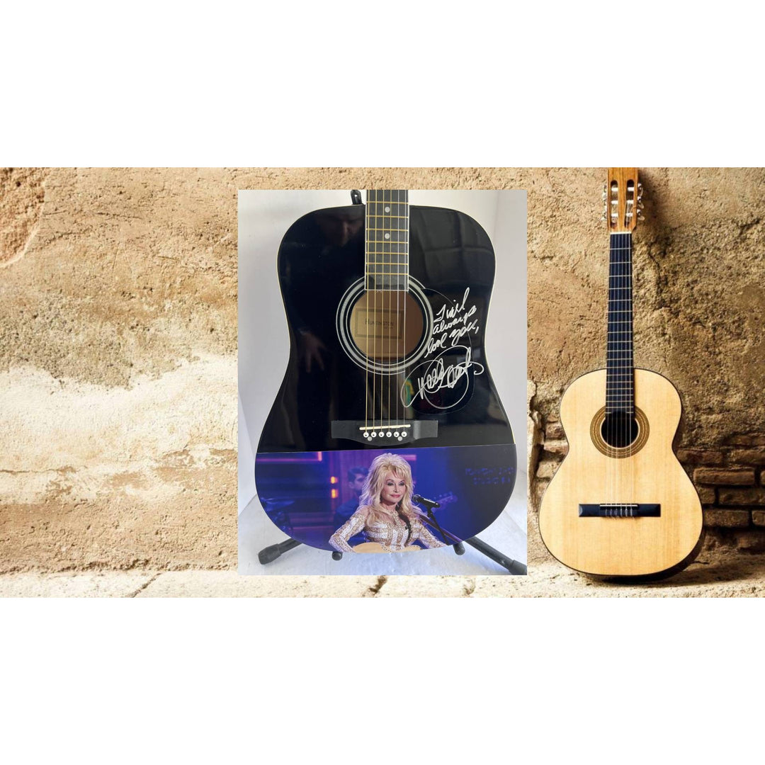 Dolly Parton one of a kind full size acoustic guitar signed and inscribed "I will always Love You" with photo proof