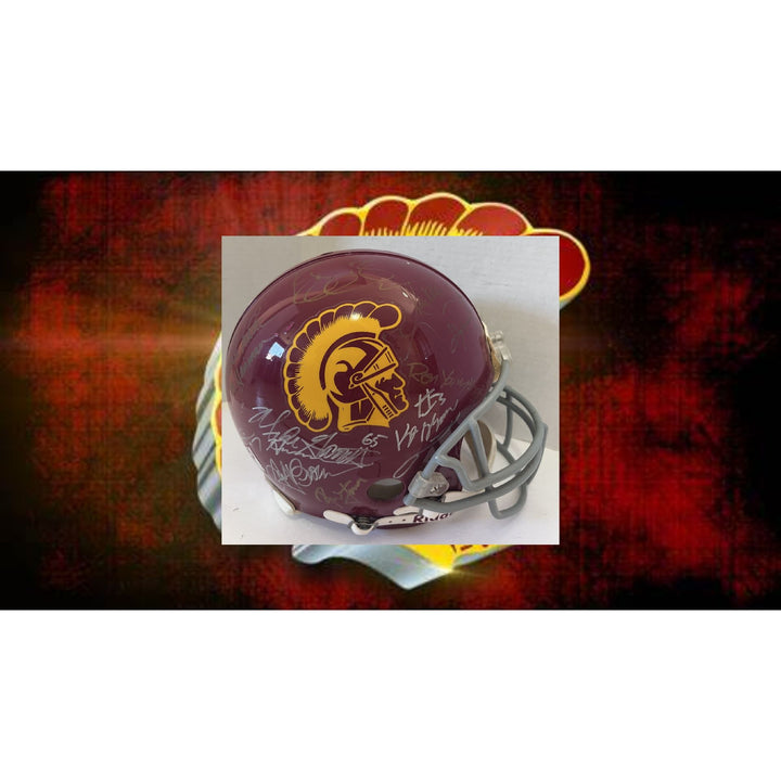 USC Trojans game model helmet with 20 plus all-time great Trojan players Marcus Allen Frank Gifford Keyshawn Johnson Troy Polamalu Carson Pa