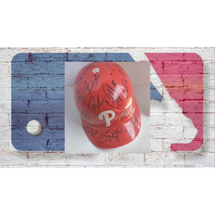 Philadelphia Phillies Chase Utley Ryan Howard Jimmy Rollins World Series champions full size batting helmet signed