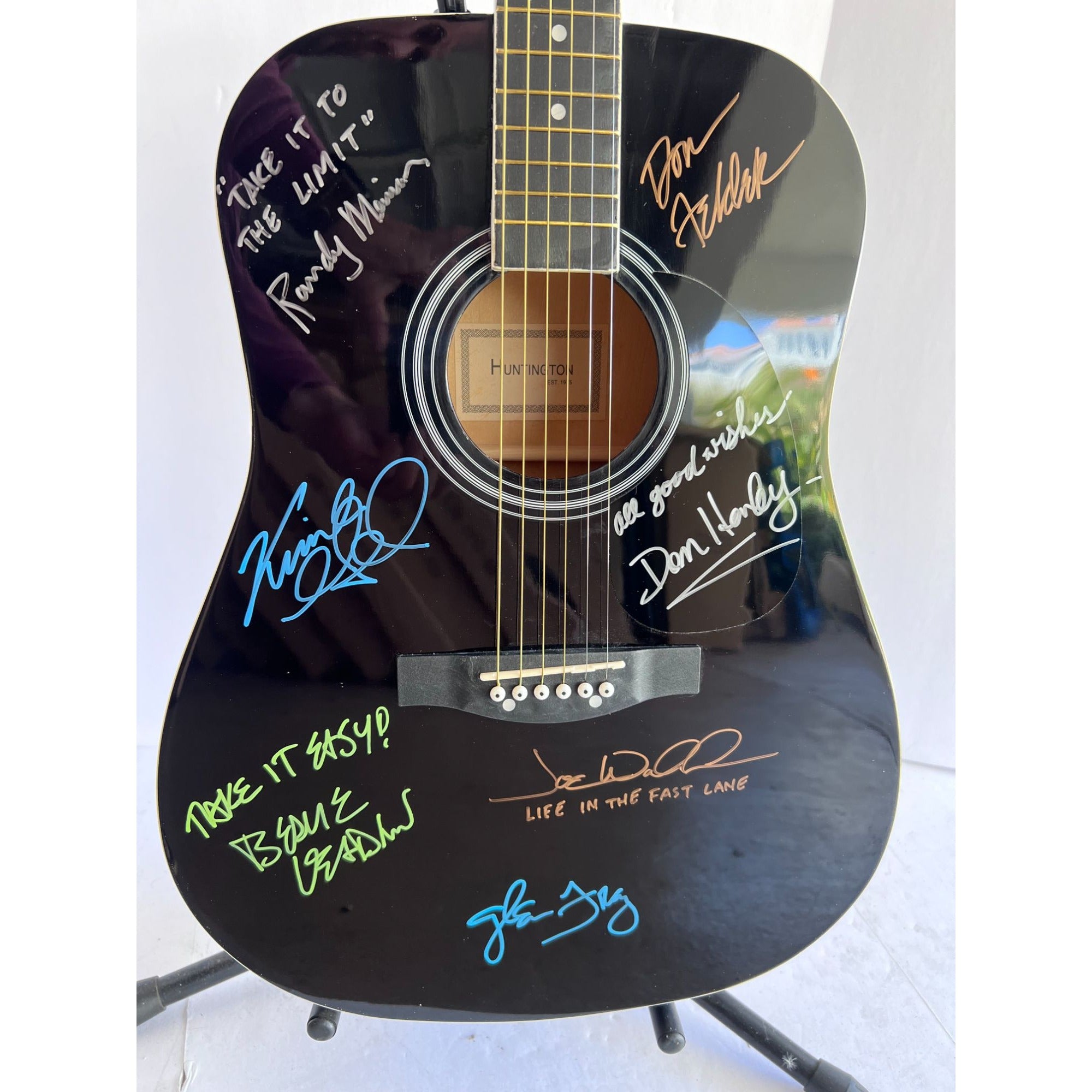 The Eagles Bernie Laden Joe Walsh Don Henley Glenn Frey Randy Meisner signed and inscribed full size acoustic guitar with proof