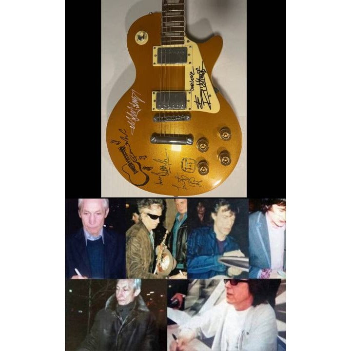 The Rolling Stones Mick Jagger Bill Wyman Mick Taylor Ronnie Wood Keith Richards signed and inscribed one full size Les Paul electric guitar