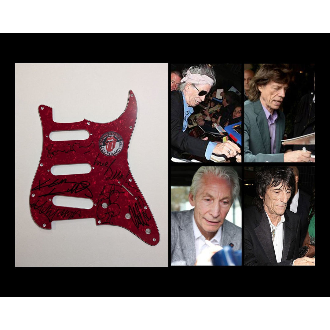 Mick Jagger Keith Richards Ronnie Wood Charlie Watts Fender Stratocaster Electric guitar pickguard signed with proof