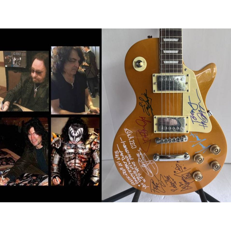 Kiss Gene Simmons Ace Frehley Paul Stanley Eric Singer Tommy Thayer Vinnie Vincent Les Paul Gold full size electric guitar signed with proof