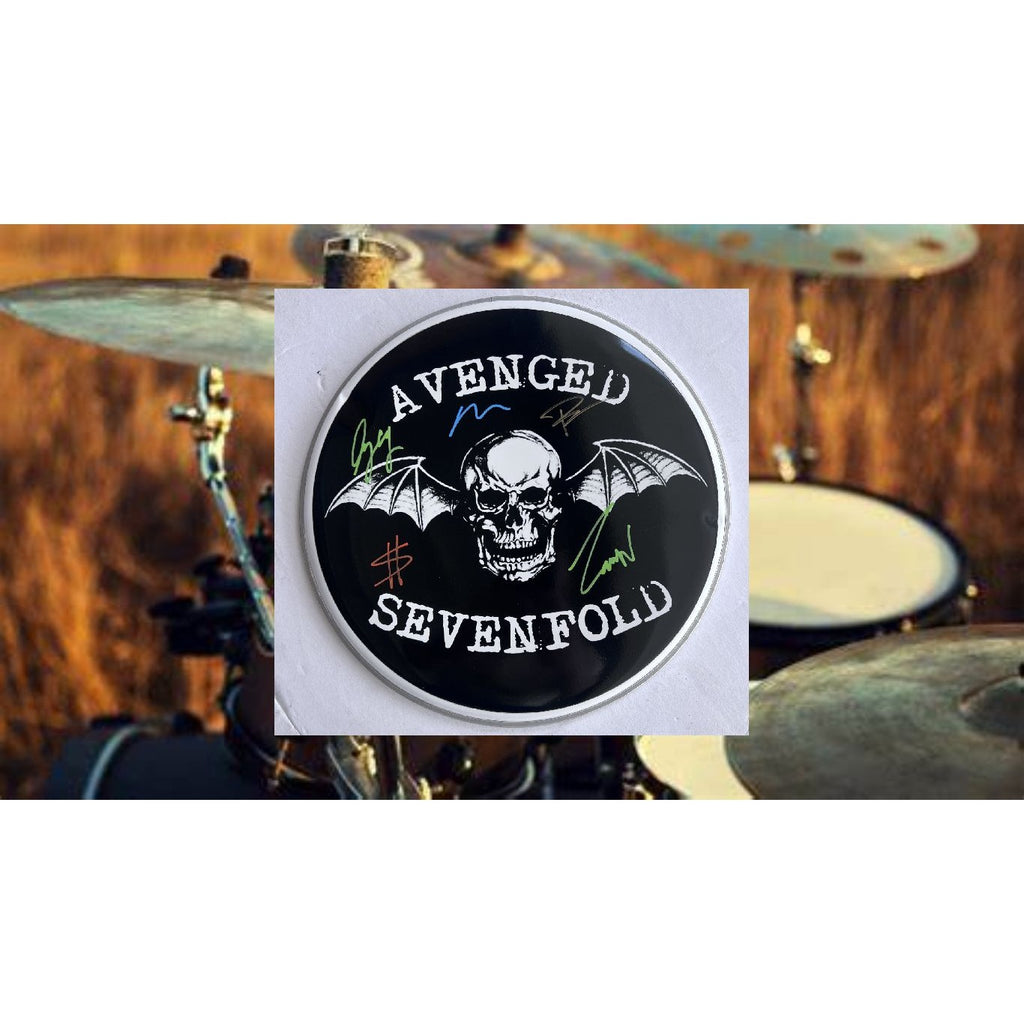 Avenged Sevenfold M. Shadows, Zacky Vengeance, Synyster Gates, Johnny Christ, Brooks Wackerman drumhead signed with proof