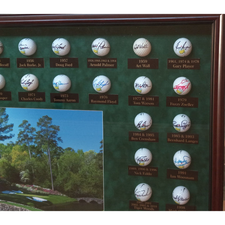 Masters Champions golf balls 44 in all Tiger Woods, Jack Nicklaus, Ben Hogan, Arnold Palmer framed and signed