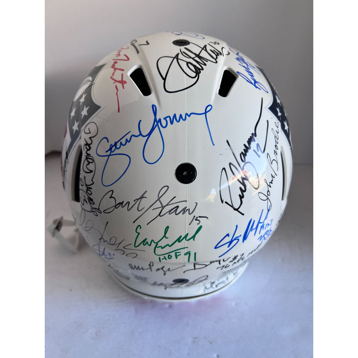 36 NFL MVPs Tom Brady, John Elway, Dan Marino, Joe Montana, Aaron Rodgers, signed with proof Riddell authentic game model helmet