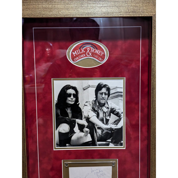 John Lennon & Yoko Ono autograph page book signed and framed 37.5 x 16.5 with personal sketch