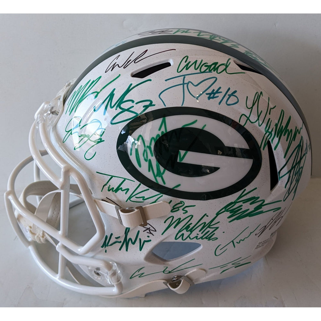 Green Bay Packers 2025 team helmet 35 plus Jordan Love Micah Parsons, Josh Jacobs, Romeo Doubs, Riddell full size helmet signed with proof