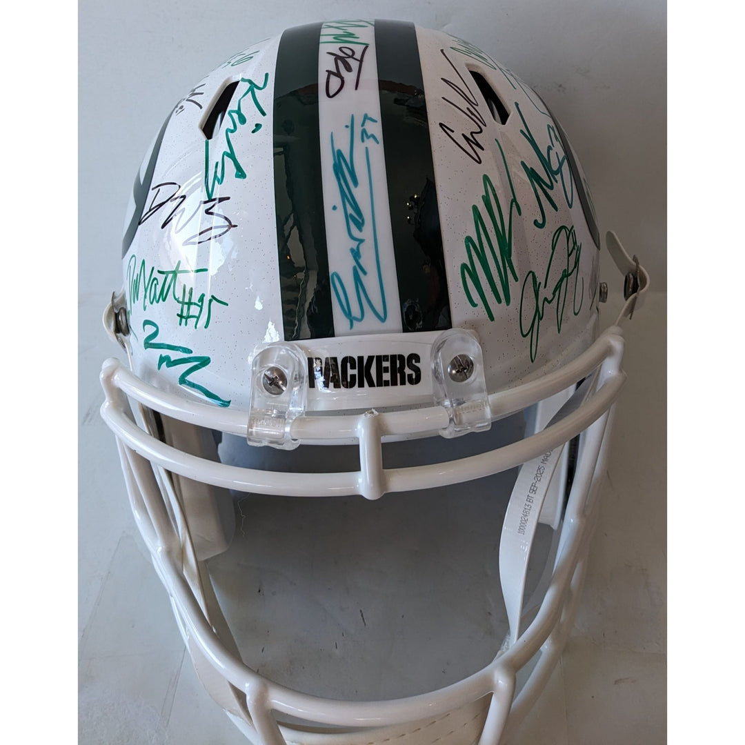 Green Bay Packers 2025 team helmet 35 plus Jordan Love Micah Parsons, Josh Jacobs, Romeo Doubs, Riddell full size helmet signed with proof