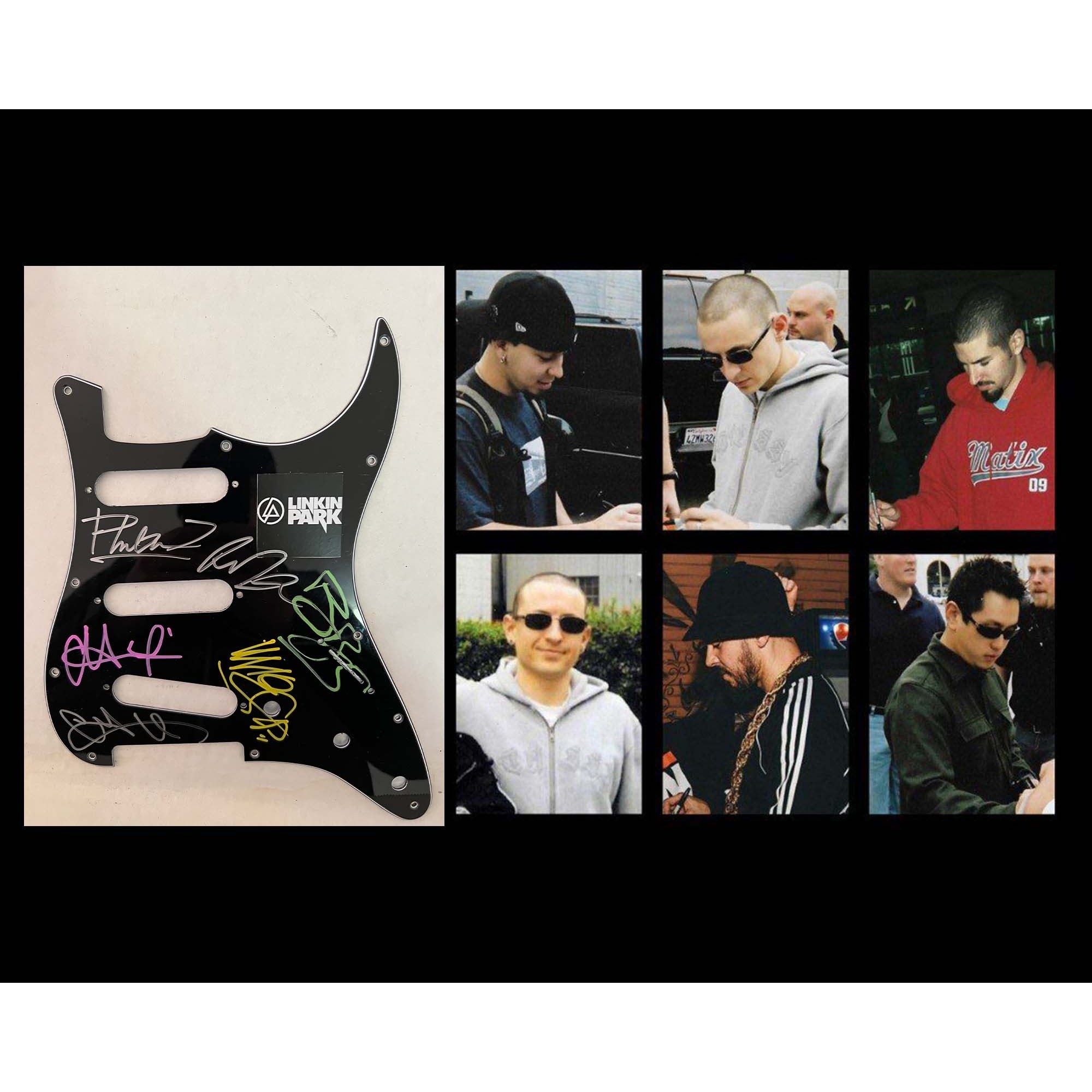 Chester Bennington  Mike Shinoda, Rob Bourdon, and Brad Delson. Joe Hahn electric guitar pickguard signed with proof