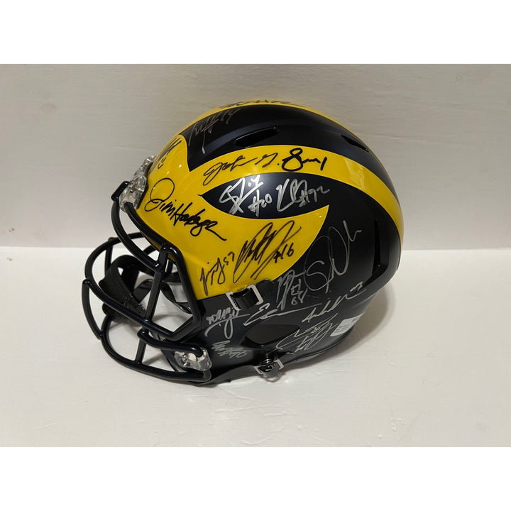 Jim Harbaugh JJ McCarthy Michigan Wolverines 2023-24 team signed Riddell full size helmet signed with proof