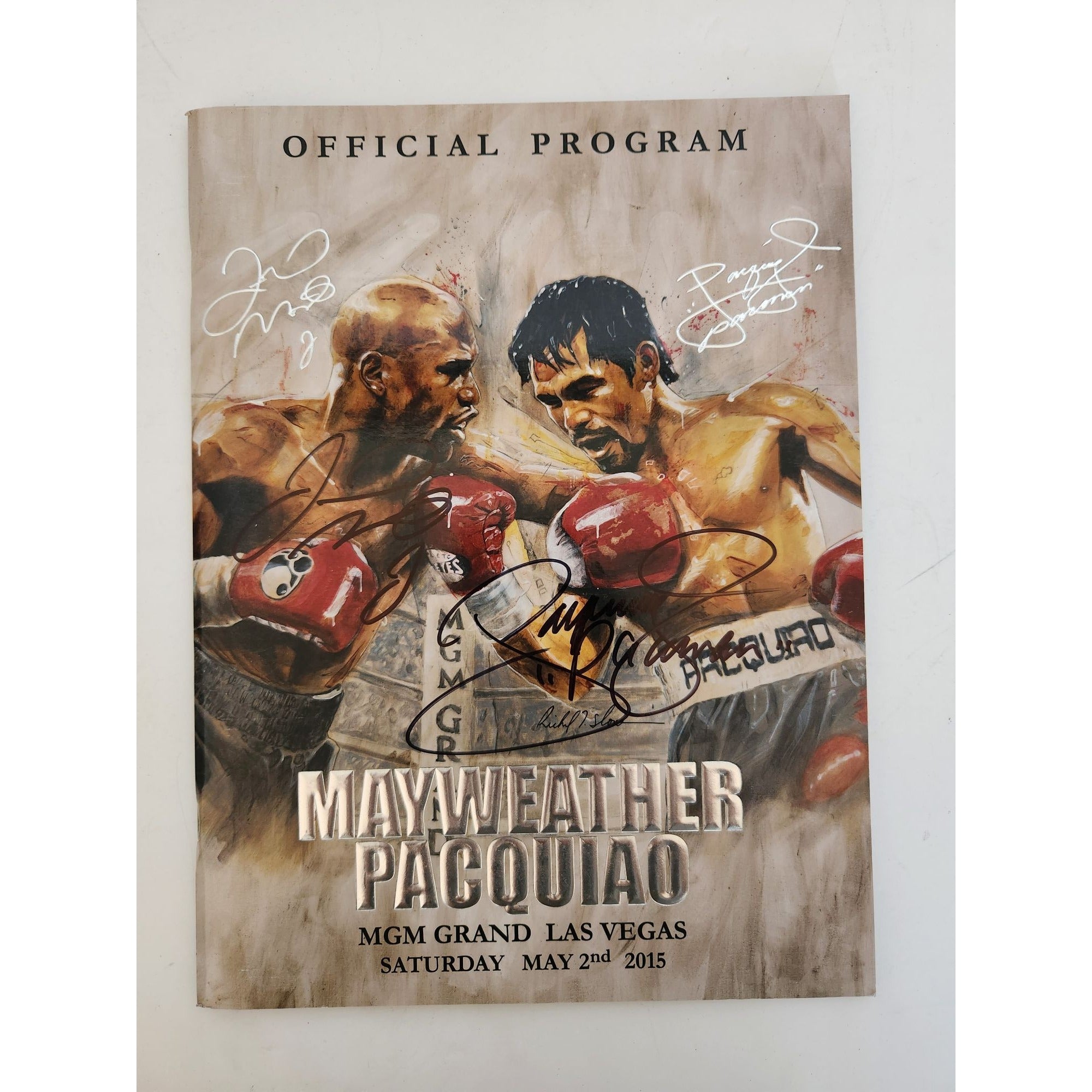 Manny Pacquiao and Floyd Mayweather Jr original full fight program May 2nd 2015 signed with proof