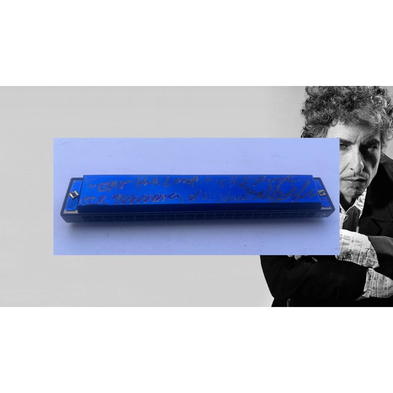 Bob Dylan harmonica inscribed and signed with proof