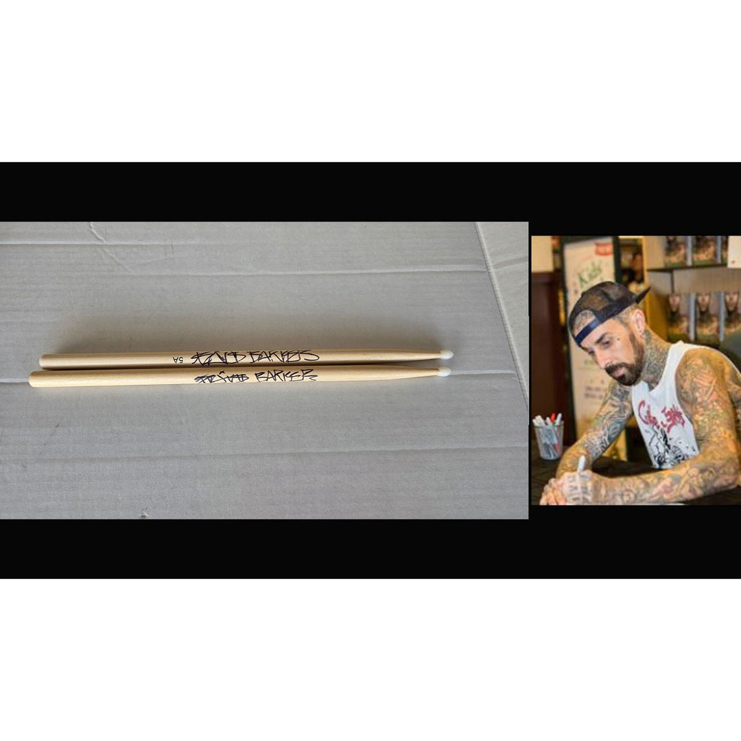 Travis Barker drummer of Blink-182 drumsticks (2) signed with proof.