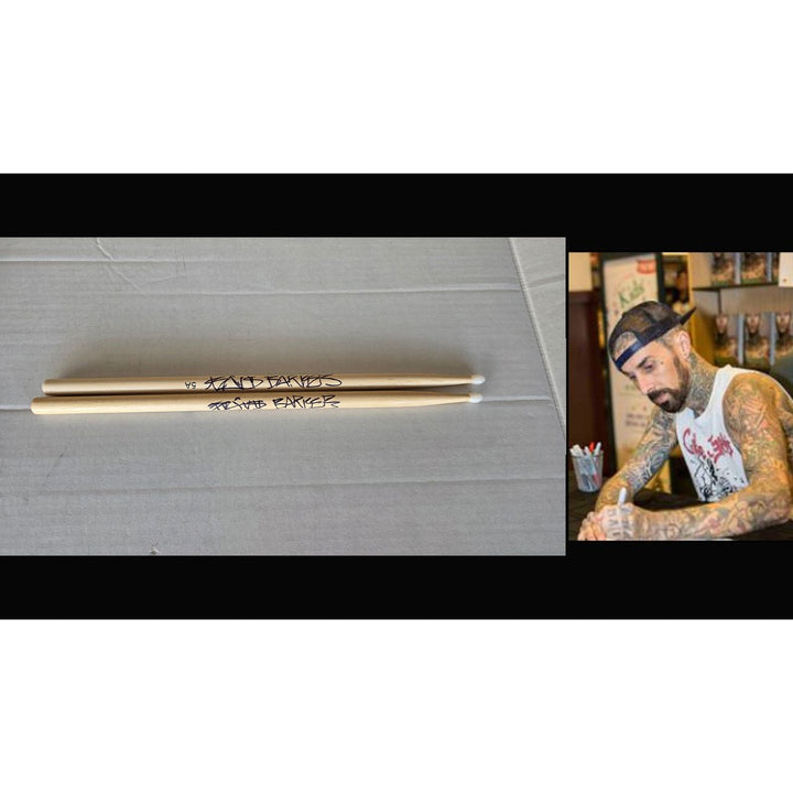 Travis Barker drummer of Blink-182 drumsticks (2) signed with proof.