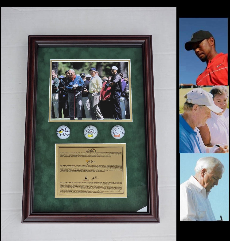 Tiger Woods Jack Nicklaus and Arnold Plamer Masters Golf Balls signed with photo proof