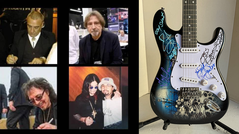Ronnie James Dio Ozzy Osbourne Tony Iommi Bill Ward Geezer Butler Black Sabbath electric guitar signed with proof