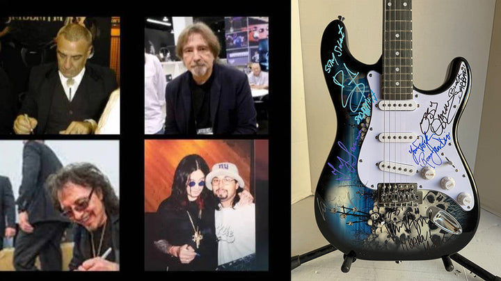 Ronnie James Dio Ozzy Osbourne Tony Iommi Bill Ward Geezer Butler Black Sabbath electric guitar signed with proof
