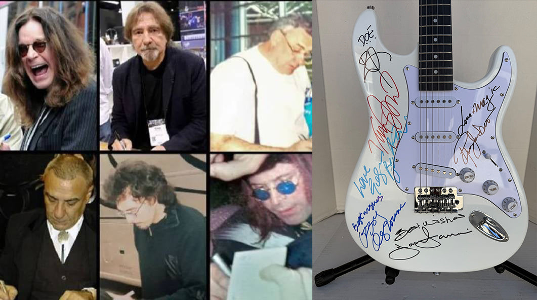 Ronnie James Dio Ozzy Osbourne Tony Iommi Bill Ward Geezer Butler Black Sabbath electric guitar signed with proof
