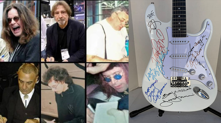 Ronnie James Dio Ozzy Osbourne Tony Iommi Bill Ward Geezer Butler Black Sabbath electric guitar signed with proof