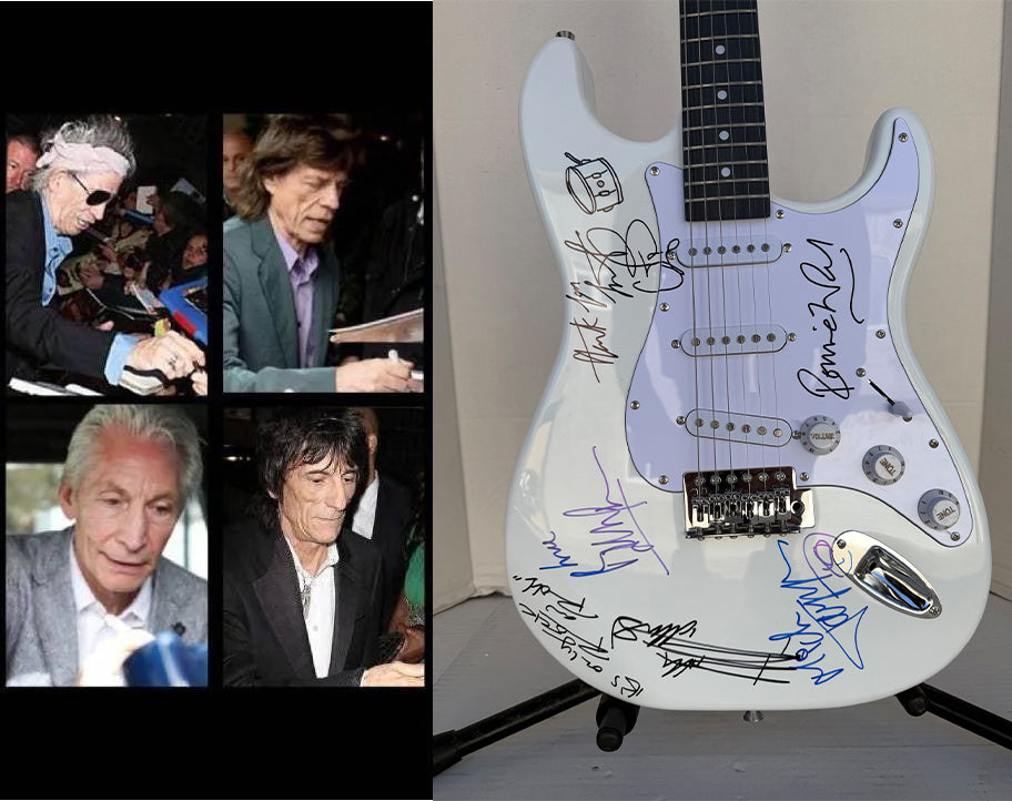 Bill Wyman Keith Richards Charlie Watts Ronnie Wood Mick Jagger full-size stratocaster electric guitar sign with proof
