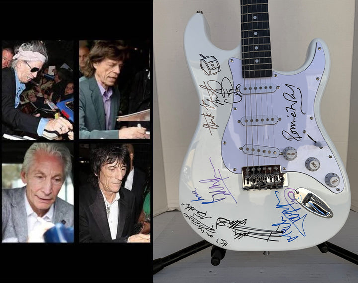 Bill Wyman Keith Richards Charlie Watts Ronnie Wood Mick Jagger full-size stratocaster electric guitar sign with proof