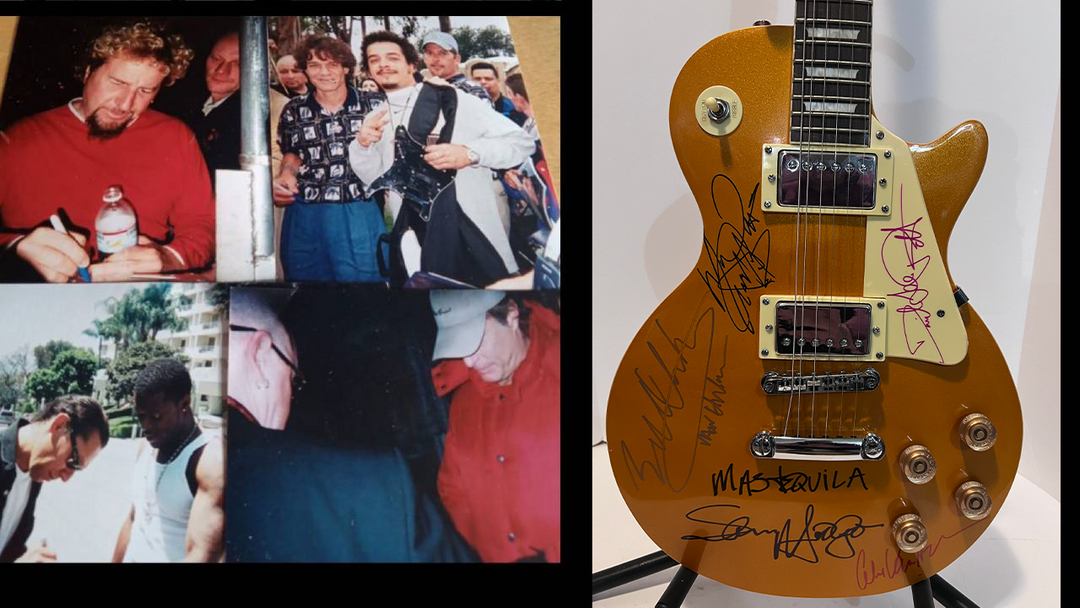 Eddie and Alex Van Halen David Lee Roth Sammy Hagar Michel Anthony Van Halen gold full-size Les Paul electric guitar signed with proof