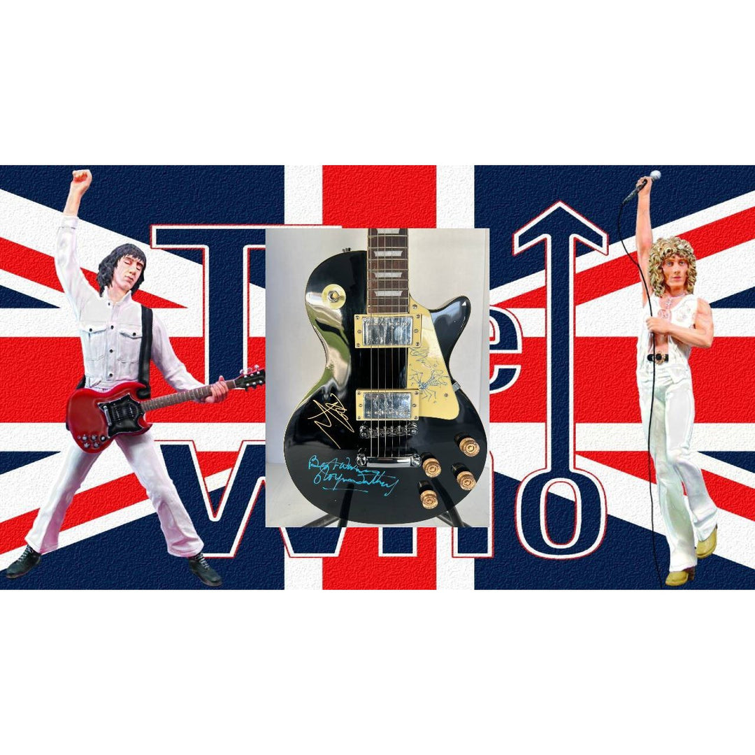 The Who Roger Daltry, Pete Townshend, John Entwhistle full size black les paul guitar signed with proof.