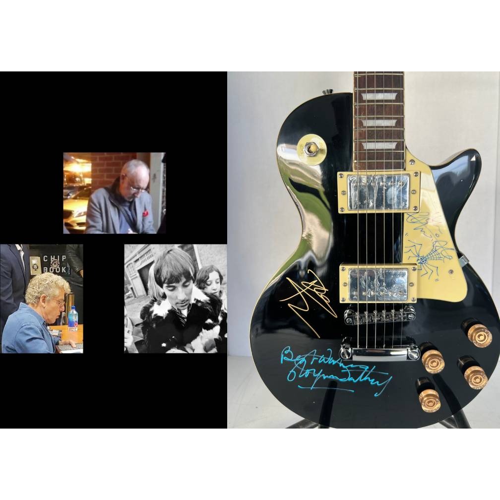 The Who Roger Daltry, Pete Townshend, John Entwhistle full size black les paul guitar signed with proof.