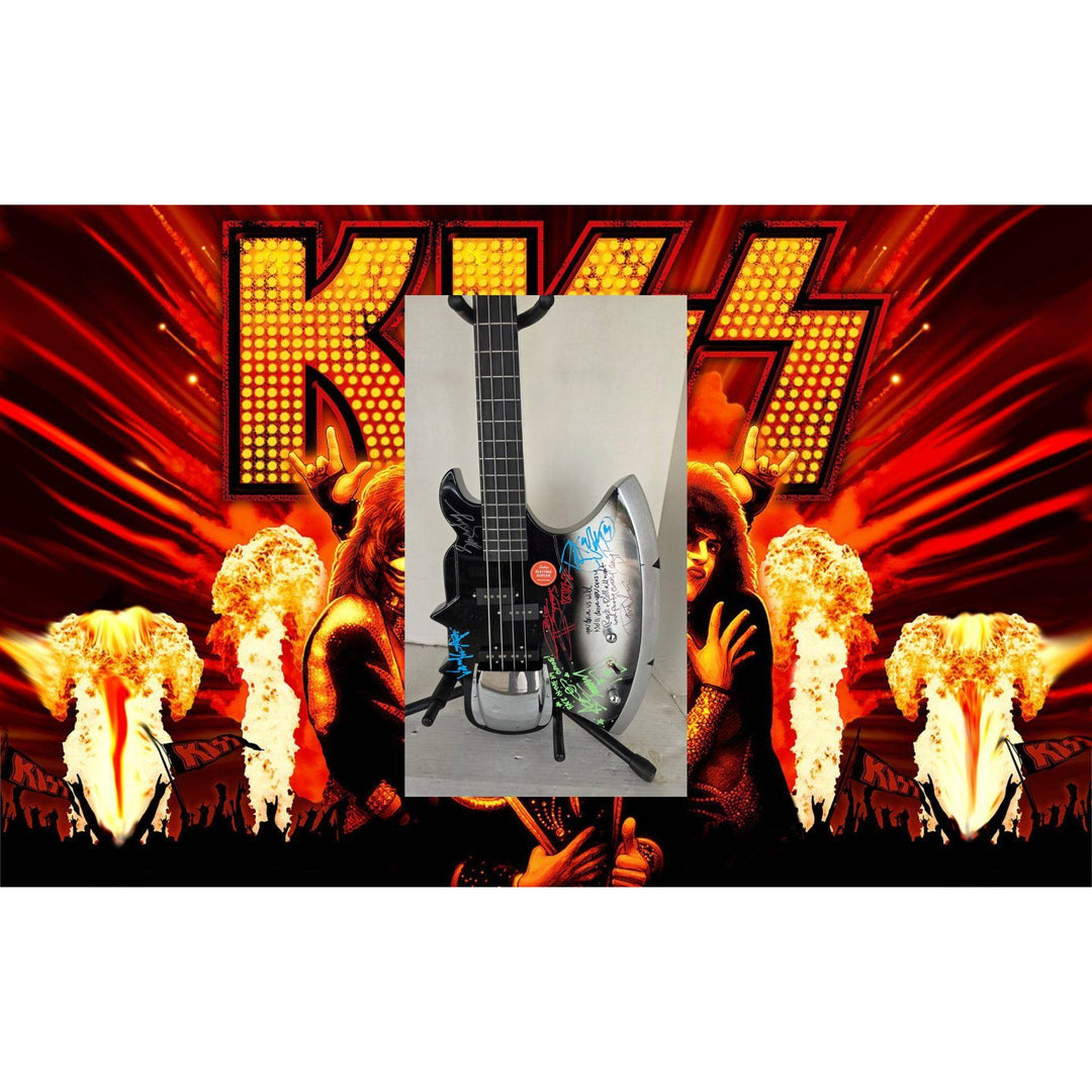 Kiss Gene Simmons Peter Criss, Paul Stanley, Ace Frehley and Eric Singer axe bass guitar signed with proof.