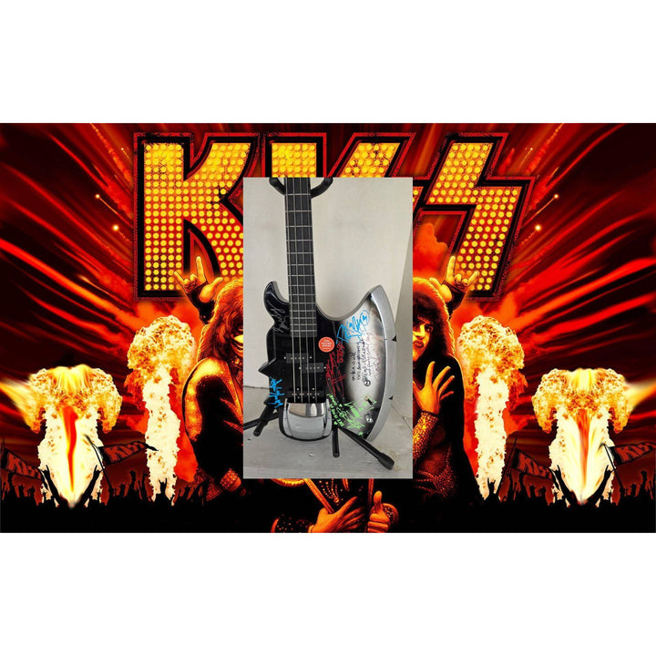 Kiss Gene Simmons Peter Criss, Paul Stanley, Ace Frehley and Eric Singer axe bass guitar signed with proof.