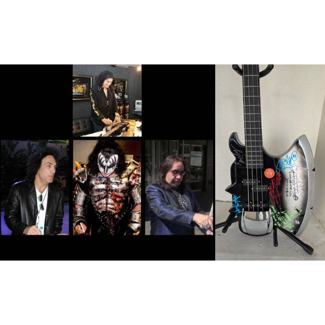 Kiss Gene Simmons Peter Criss, Paul Stanley, Ace Frehley and Eric Singer axe bass guitar signed with proof.