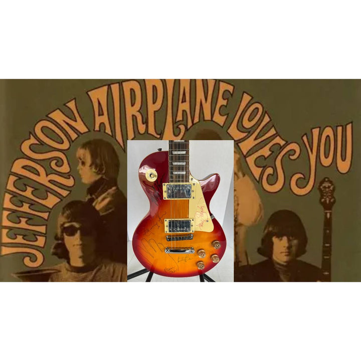 Jefferson Airplane Grace Slick, Jorma Kaukonen , Jack Casady, Paul Canter, Mickey Thomas & Marty Bailin les paul electric guitar signed