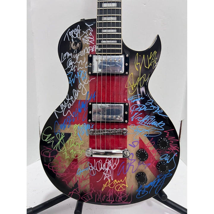 British Rock Legends 25 plus one of a kind electric guitar Coldplay, Amy Winehouse George Michael Morrissey Robert Smith signed with proof